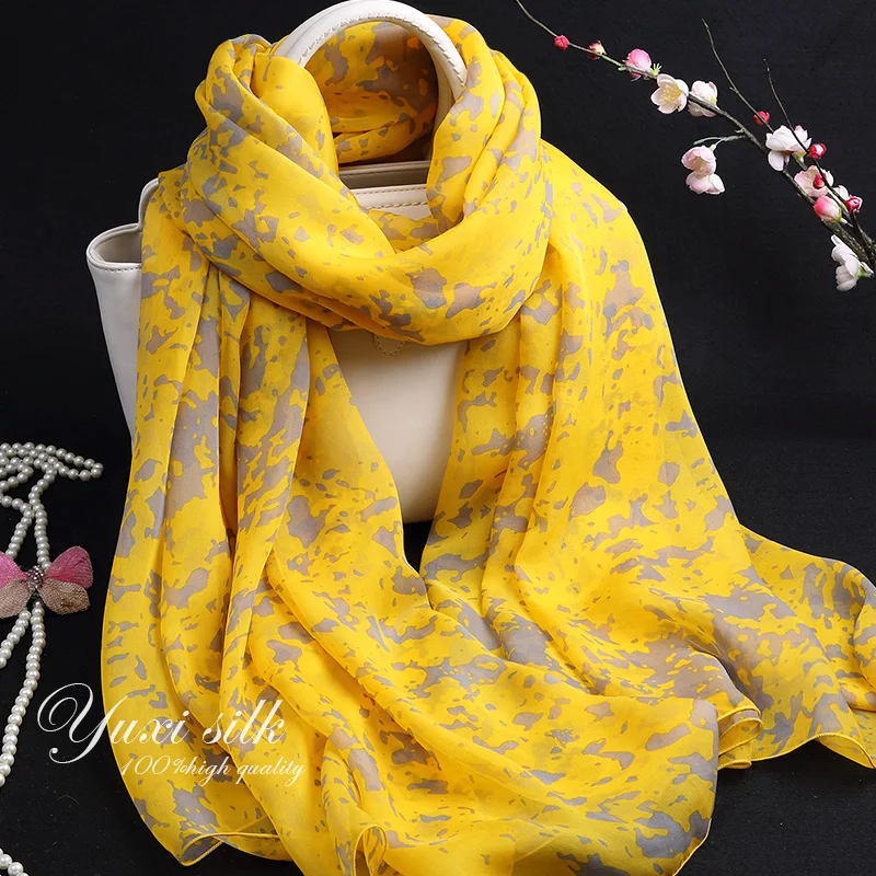 

High Quality Yellow Printings 100% Silk Long Scarf Shawl Women's Spring, Autumn and Winter Summer