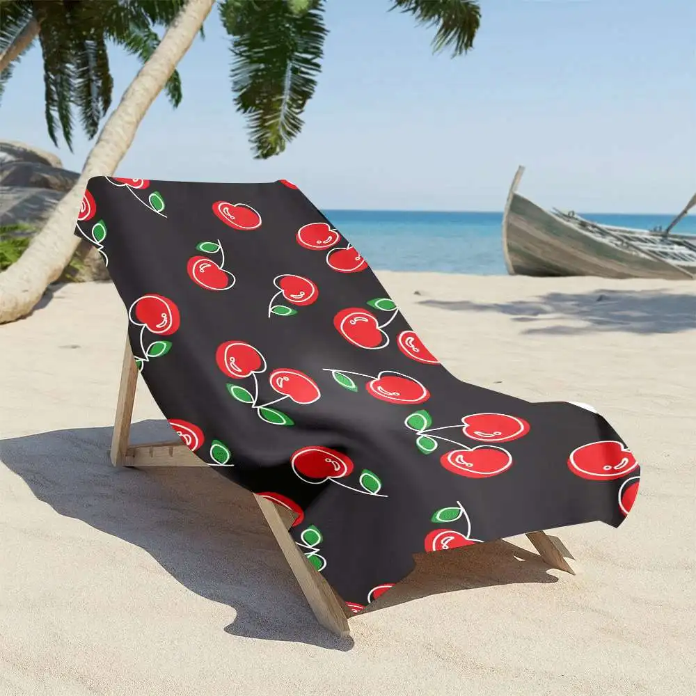 Black Background Cherry Pattern Beach Towel, Ultra Fine Fiber Quick Dry Strong Wrap Design Soft Absorbent for Beach Pool Use