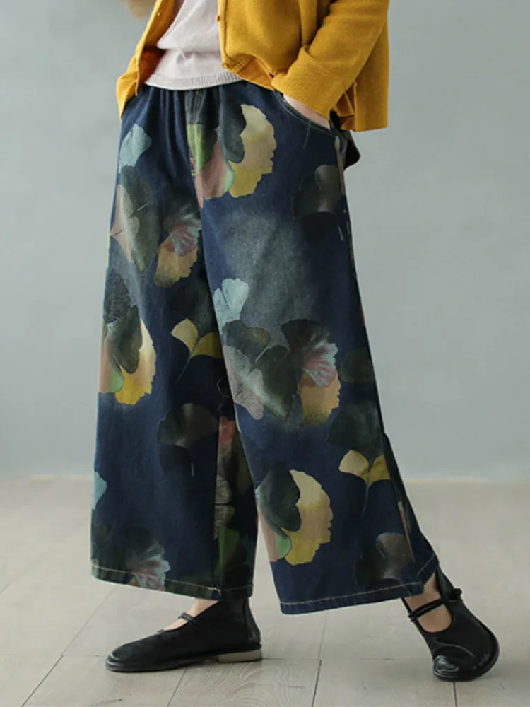 Max LuLu 2024 Spring Korean Fashion Ladies Elastic Floral Denim Trousers Women Loose Vintage Jeans Casual Printed Wide Leg Pants