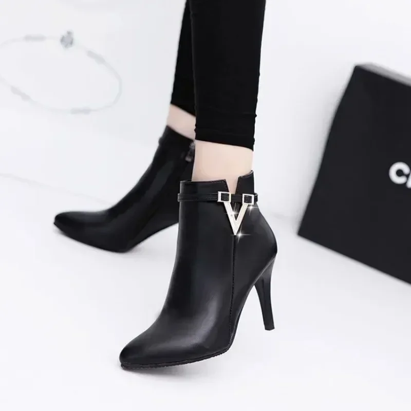 

2025 Stiletto Thin Heel Pointed Toe Faux Leather Zipper Sexy Boots Ankle Women Boot Red High Heels 9cm Spring Autumn 40 Boots