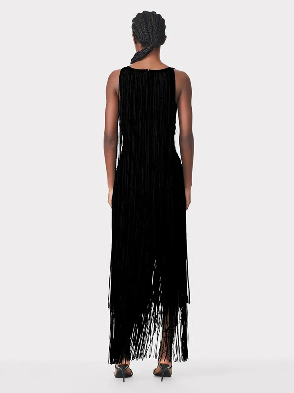 2026 Sexy Women\'s Wear Heavy Industry Tassel Bandage Dress O-Neck Sleeveless Slim Fit Long Dress Cocktail Evening Party Vestidos