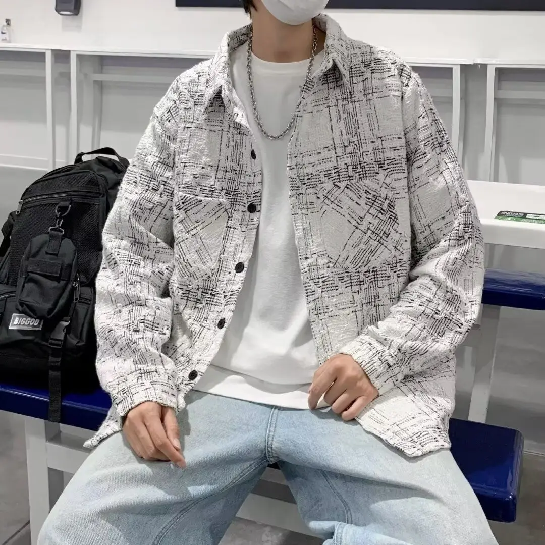 

Casual Plaid ort irt Men's Sle White Collar Autumn Luxury Feel Outerwear Couple's irt Loose Fit Long Sve Polyester