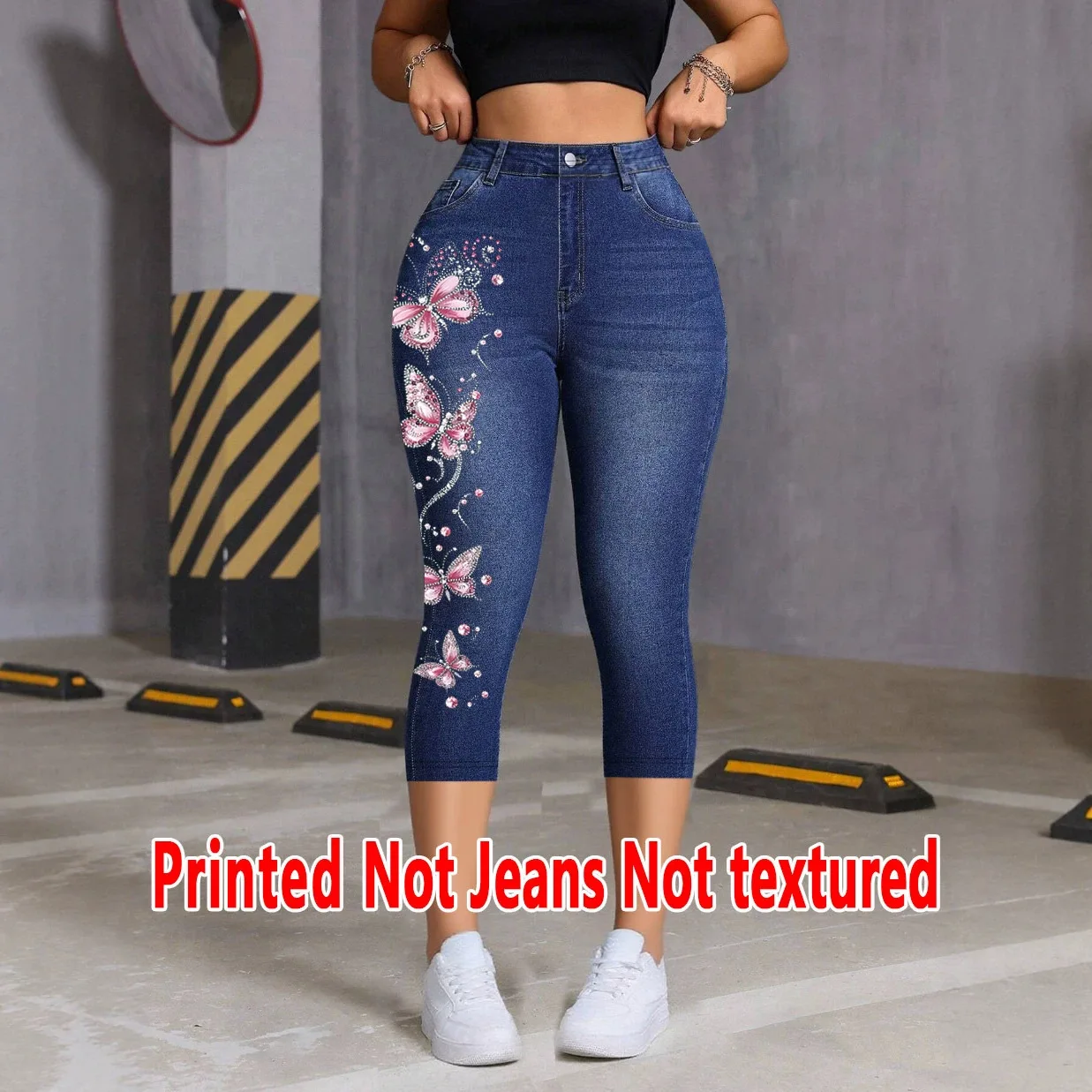 2026 New Fashion Imitation Denim Butterfly Printing Leggings Slim and Thin Four-season Outer Wear Non-jeans No Texture Casual Cross-border