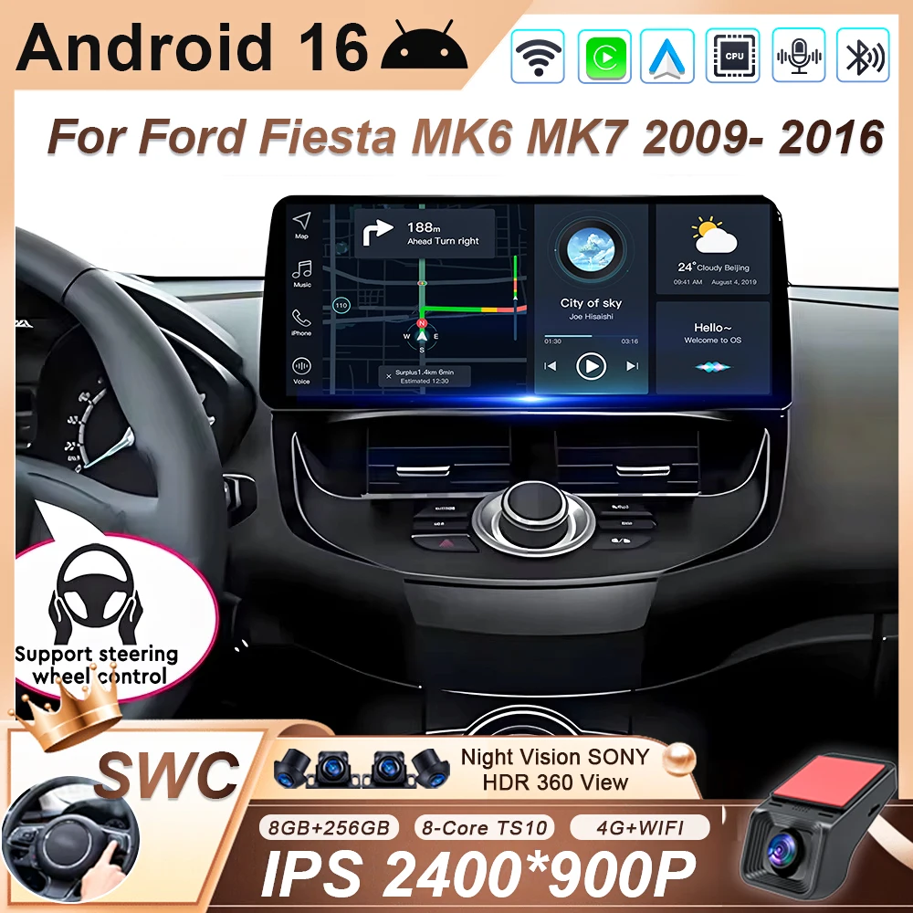 Rádio Automotivo GPS de 12,3 polegadas com Carplay sem fio, tela QLED para Ford Fiesta MK6 MK7 2009-2016 LHD RHD, Reprodutor Multimídia Android com Vídeo.