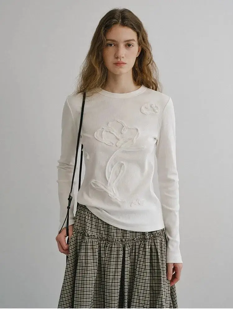 

Spring and Autumn Women's Casual Solid Color Round Neck Long Sleeve Slimming T-shirt