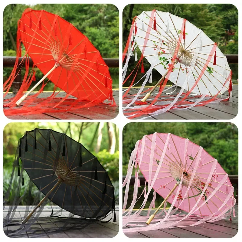 Silk Umbrella Red Parasol Performance  Decorative Tassel Shooting  Hanfu Props  Ribbon Costume Net Cloth