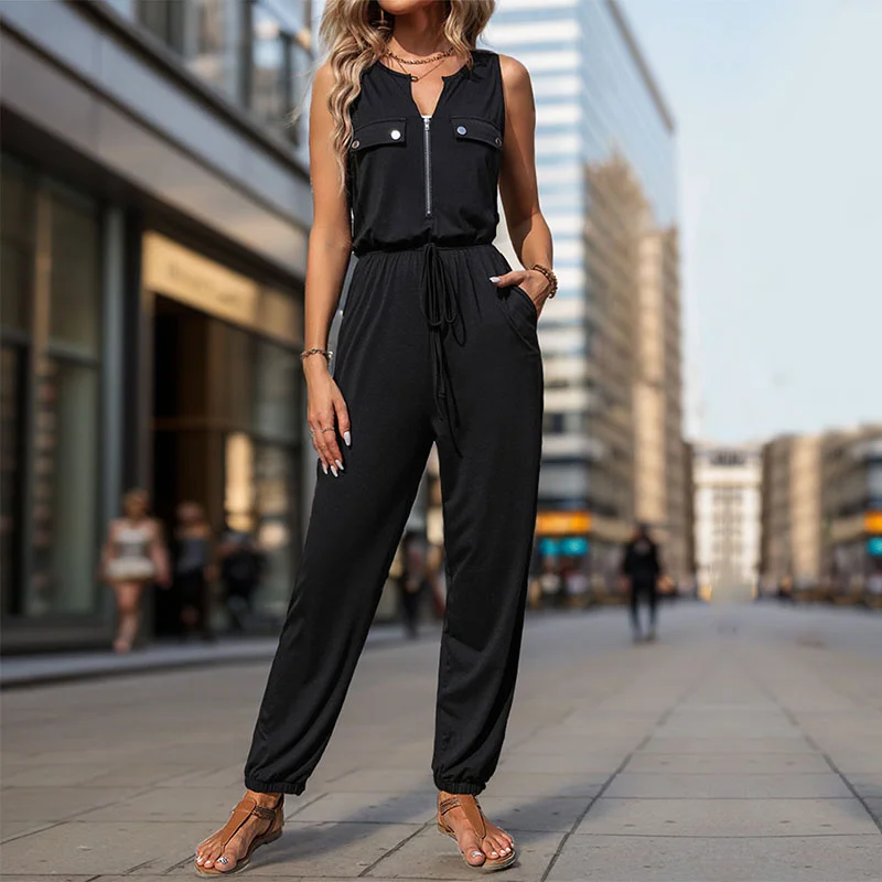 

Faionable Women's Straight Leg Jumpsuit Casual Ladies Clothes Zipper mid Waist Long Pants Cotton Blend Thin Sle