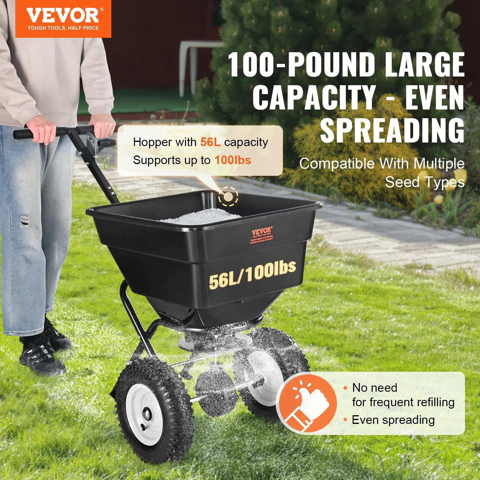 VEVOR Broadcast Spreader, 100 LB Walk-Behind Turf Spreader with 12