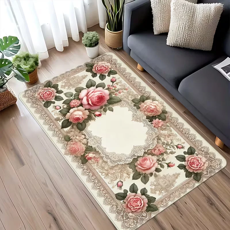 Baroque Rose Vintage Floral Area Rug Soft Non-Slip Living Room Carpet Victorian Style Romantic Flower Floor Mat for Bedroom