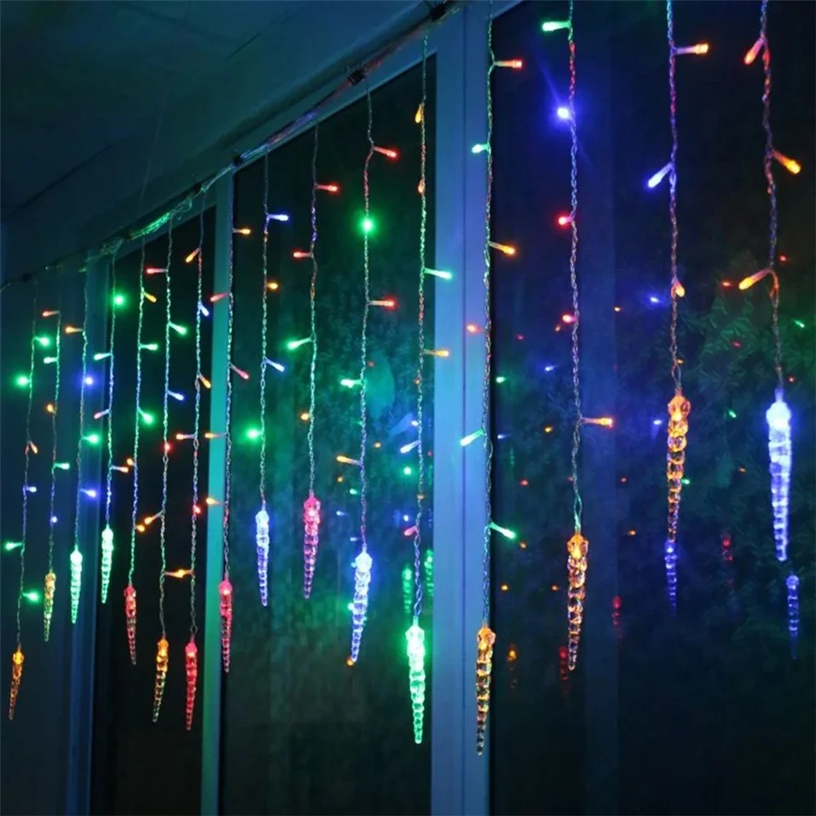 Impermeável LED Icicle Fairy Curtain Lights 8 Modos EU Plug 3.5M Natal Jardim String Luzes para Festa Casamento Garland Decor