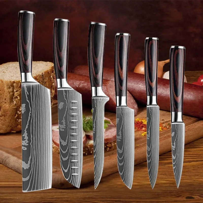 

1-5pcs Kitchen Knives Set 7CR17 440C Laser Damascus Slicing Knife Japanese Chef Meat Cleaver Household Boning Knife Fruit Knife