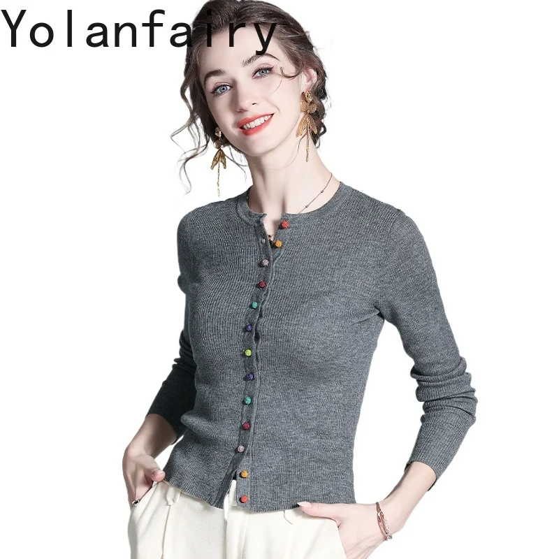 

YOLANFAIRY 30.7% Wool Cardigan Women Autumn Thin Korean Fashion Knitted Sweater Woman Clothes Slim Long Sleeve Tops Cardigans