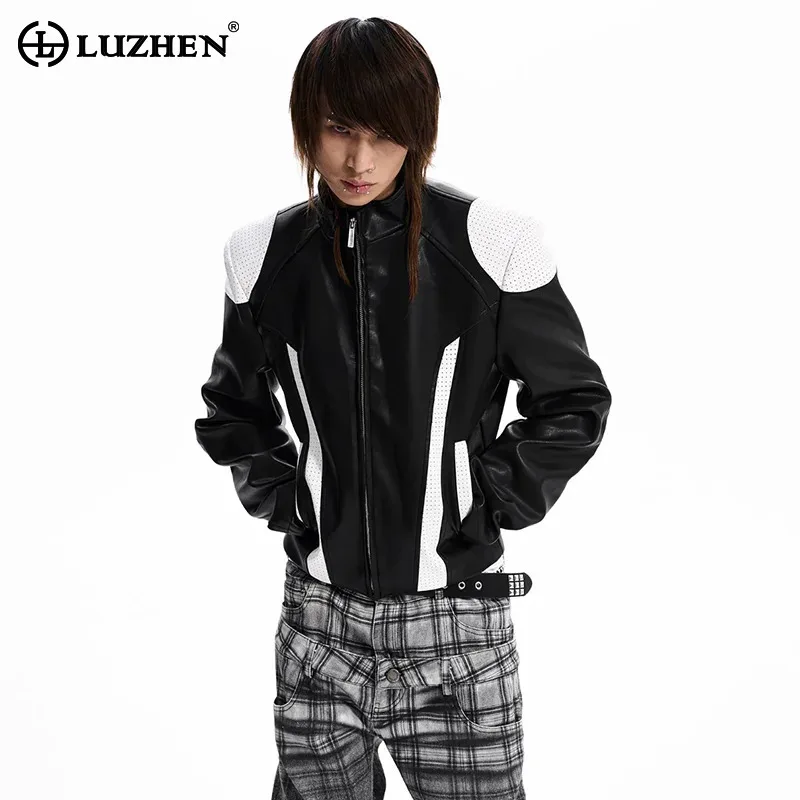 LUZHEN 2026 New Fashion Embroidery Back Color Contrast Outline Leather Jacket Men Handsome High Quality Motorcycles Coat JY9087