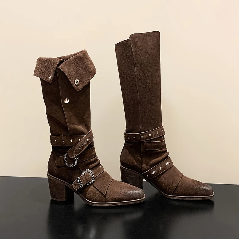 QUTAA 2025 News Western Women Knee High Boots Cowboy Genuine Leather Heels Fashion Woman Winter Cowgirl Long Shoes Size 34-39