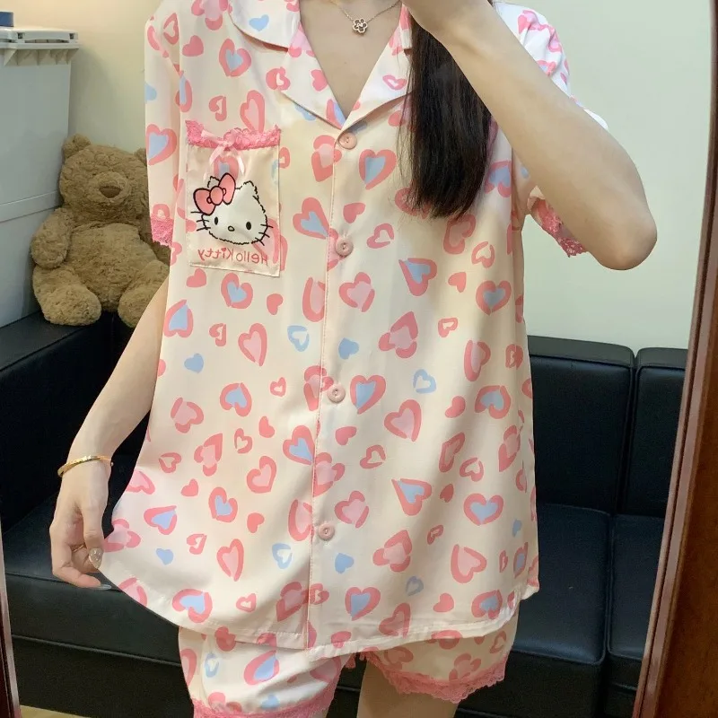 

New Hello Kitty pajamas summer ice silk short-sleeved shorts two-piece cartoon women Sanrio cute Hello Kitty loungewear