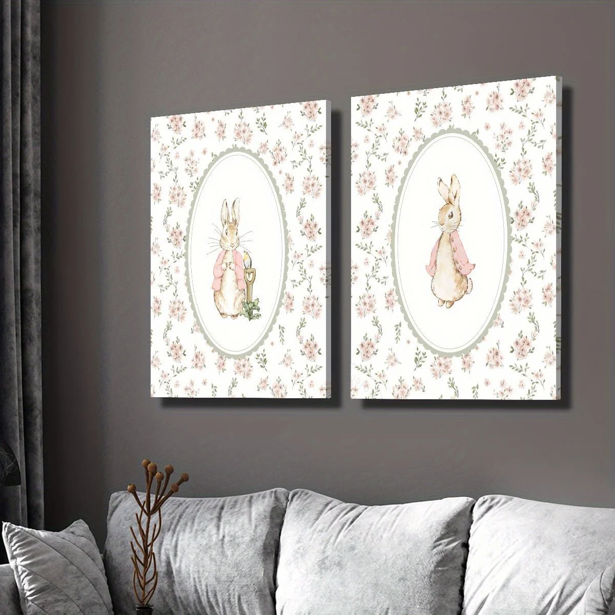 Conjunto de 2 Peças: Arte em Tela Retrô de Coelho da Páscoa, Arte de Parede para Quarto de Meninas com Flores (Sem Moldura), Impressão Vintage de Coel