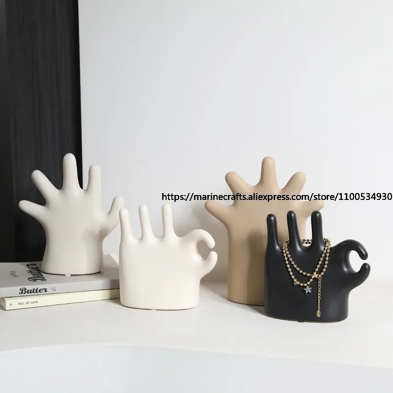 

Nordic Creative Palm OK Hand Shape Ceramic Ornament Home Bedroom Dressing Table Ring Earrings Jewelry Rack