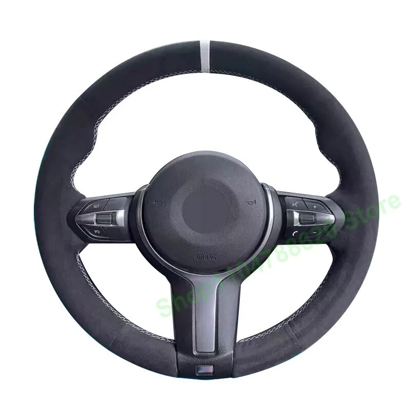 Dark Gray Suede Car Steering Wheel Cover Wrap for BMW M3 Hand-sewn with White Thread Durable Car Accessory
