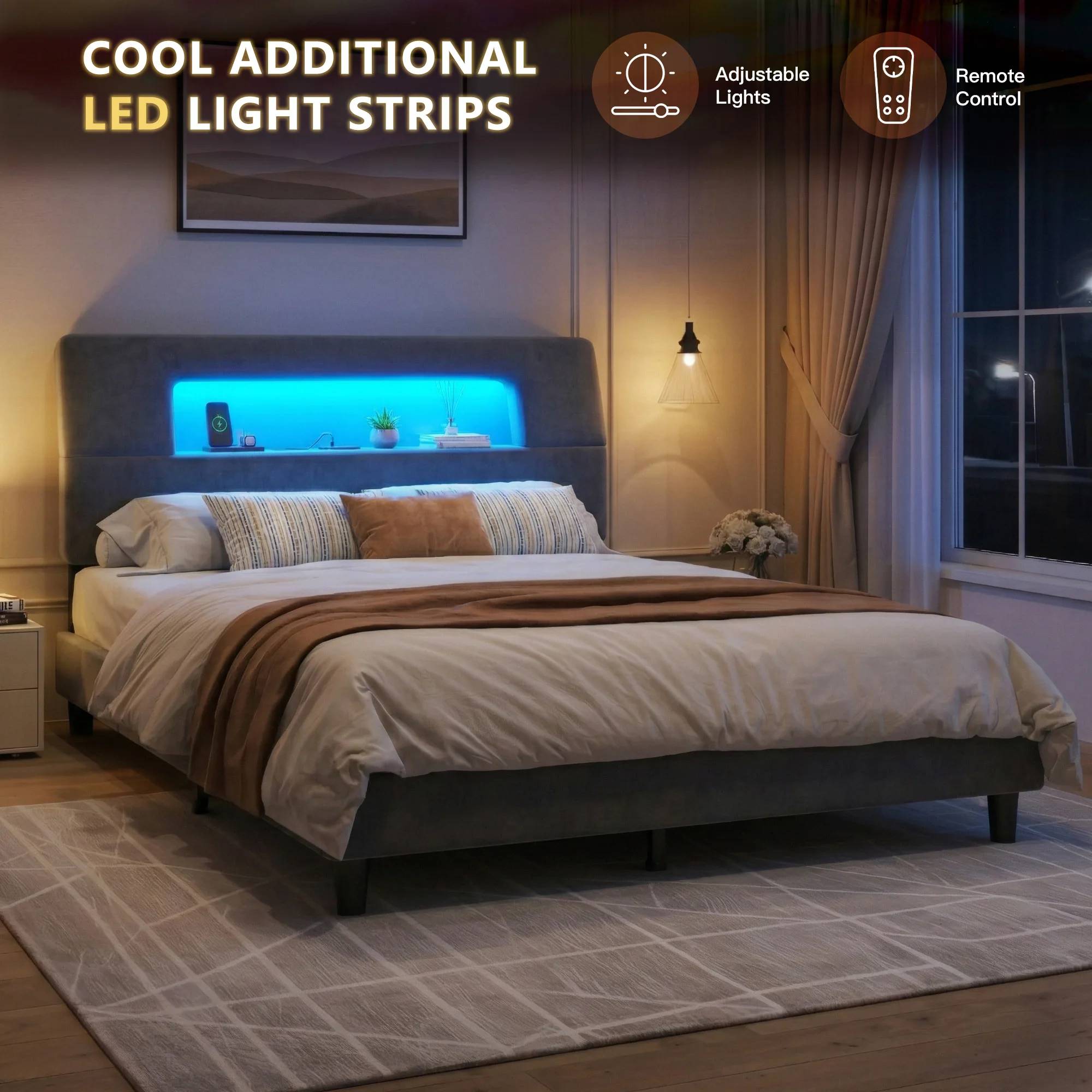 EnHomee Bed Frame with  with LED Lights & Charging Station with Ergonomic Storage Headboard, Upholstered Bed Frame, NO Noise, Easy Assembly, No Box Spring Needed