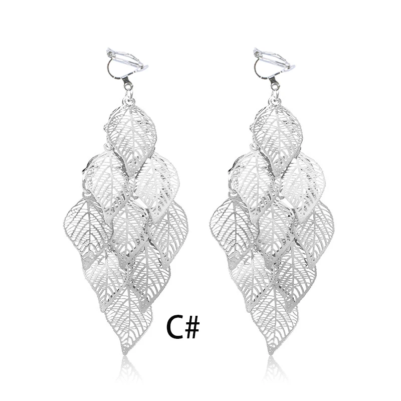 Bohemian Vintage Hollow Leaf Pendant Clip on Earrings for Women No Pierced Colorful Dangle Earrings 2024 New Fashion Jewelry