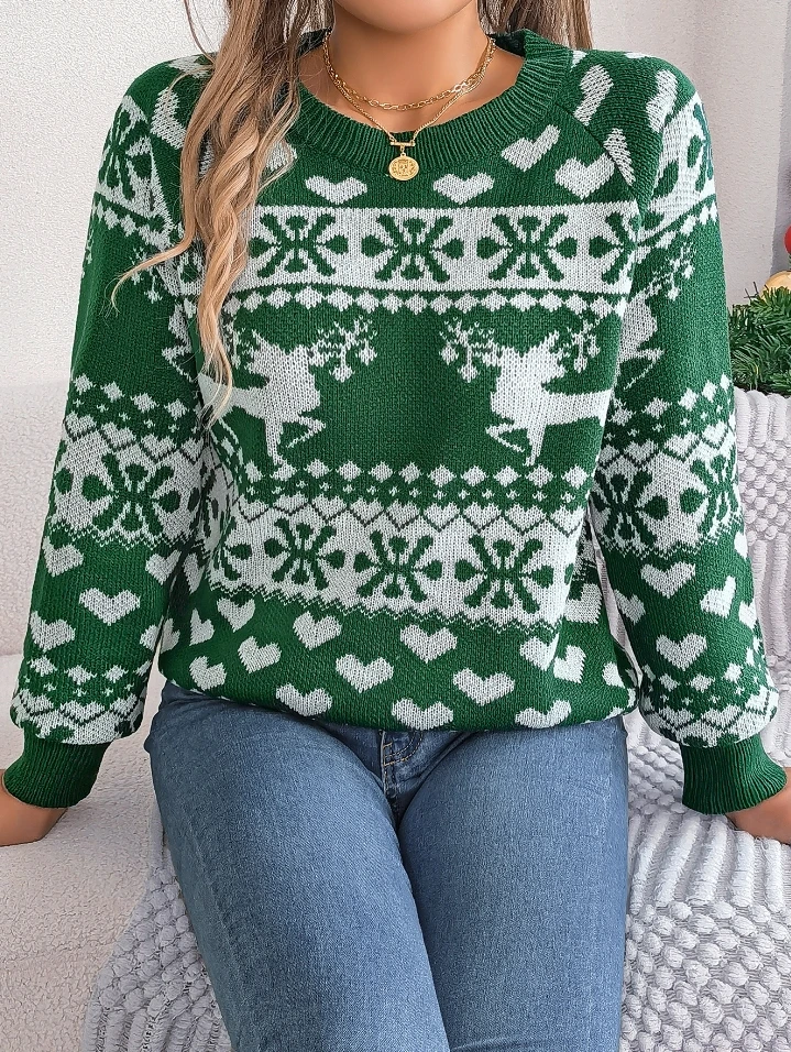 

Christmas deer pattern long sleeved pullover sweater