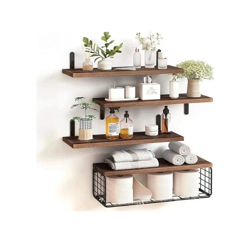 4 Tiers Floating Shelves Wall Mounted,Bathroom Shelves with Wire Storage Basket,Storage Shelves Wall Shelves for Bedroom, Living