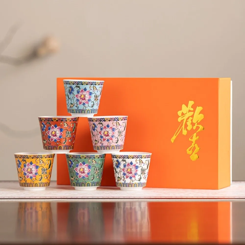 

6pcs/set Kung Fu Tea Set Flower Tea Cup Chinese Style 70ml Ceramic Cup Vintage Traditional Enamel Cup Afternoon Tea