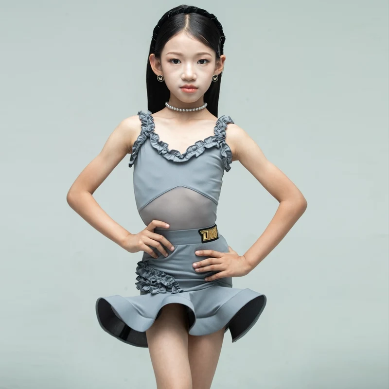 2025 nuevo traje de baile latino chico verano Rumba Tango vestido de actuación gris sin mangas Ropa de baile Top falda conjunto ropa de práctica 1802