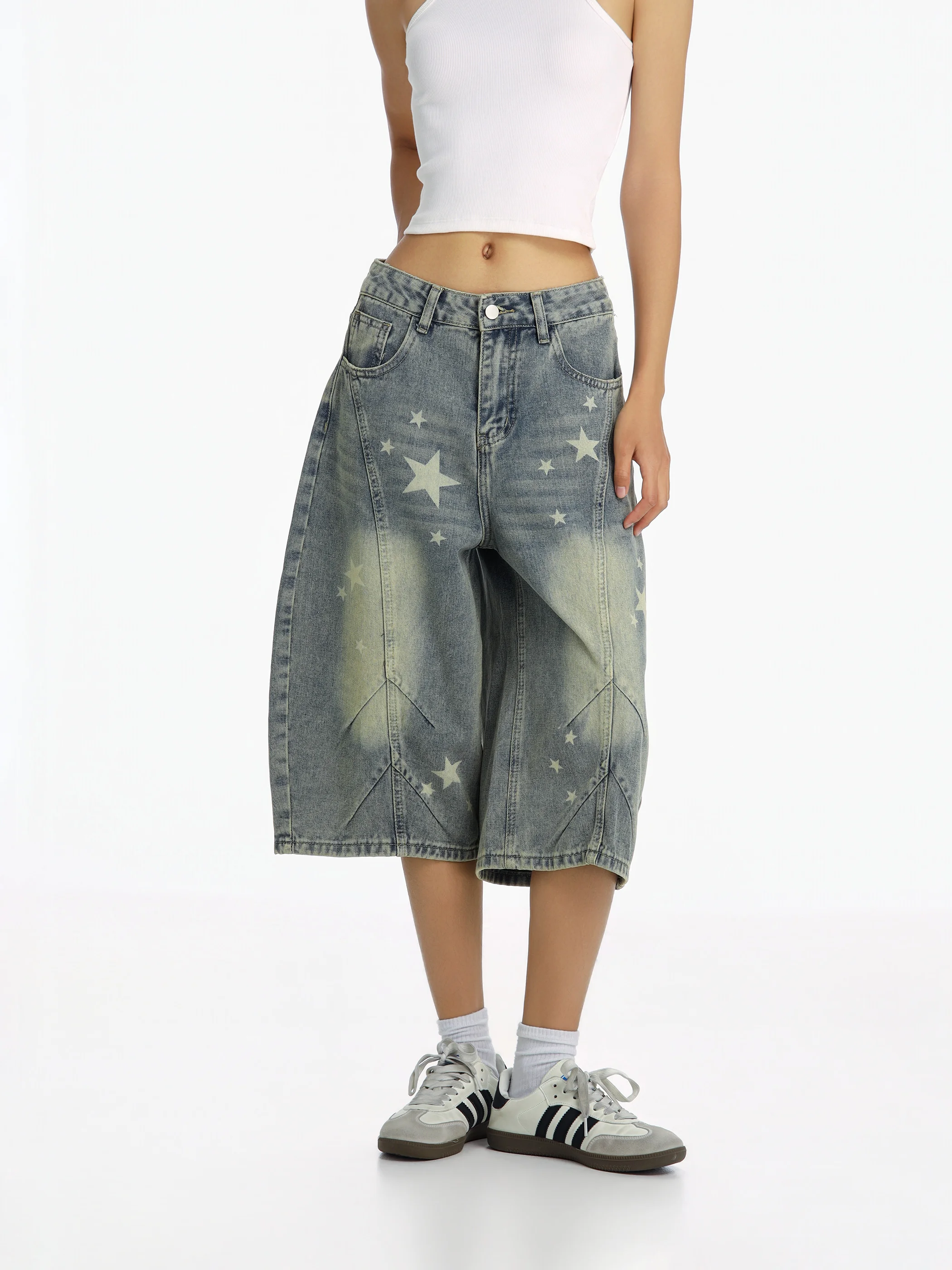 

Womens Loose Fit Printed Shorts Seven Inches Washed Denim mid Waist Straight Leg Summer Jeans Retro Style Comfortable Blue