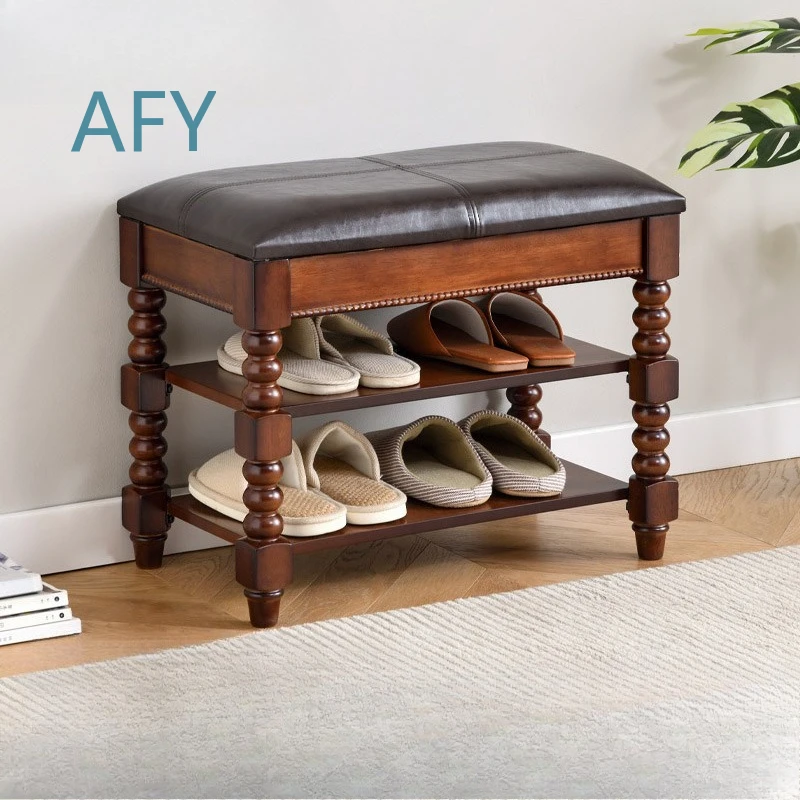 American Solid Wood Shoe Changing Stool for Home Door Entryway Soft Leather Footstool Multi Functional Storage Shoe Rack