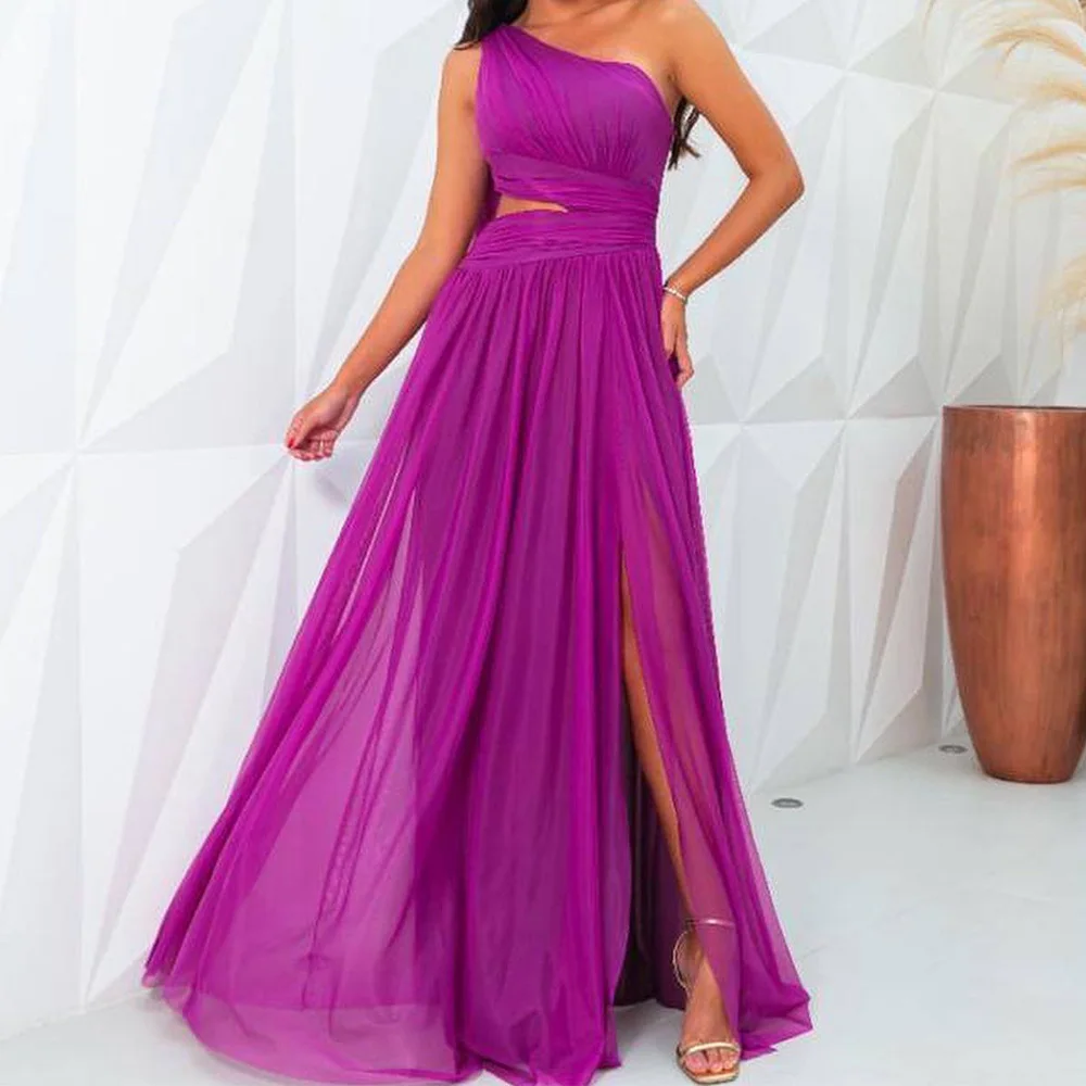 Elegante e de alta qualidade a linha um ombro vestido de noite sem mangas até o chão fenda lateral vestidos de baile tamanho personalizado