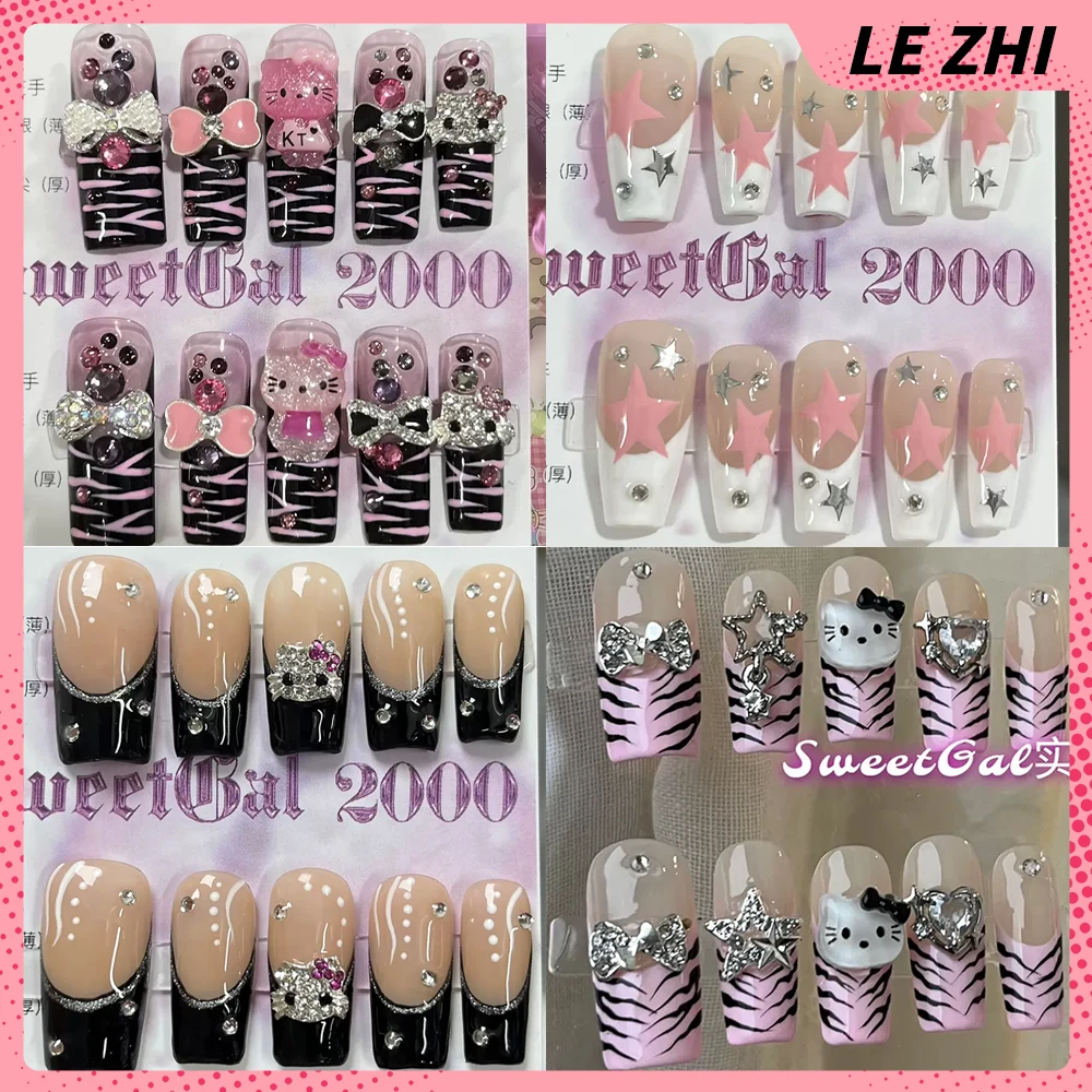 

Square XL Hello Kitty Y2K Spice Girl Artifical Press on Nail Fashion Zebra Stripe Bow Flame Wearable Girls Reusable Nail Gift