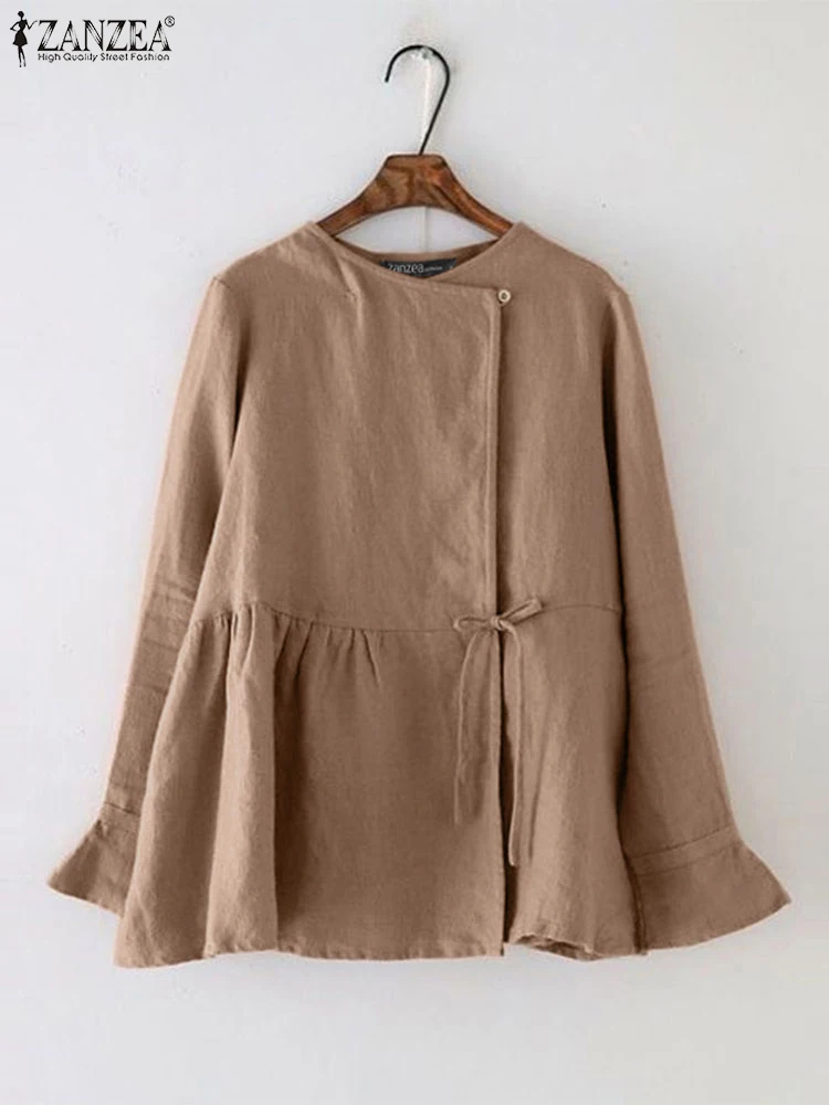 

ZANZEA, женские рубашки на шнуровке с открытой передней частью, повседневные однотонные блузки с длинными рукавами и круглым вырезом, весна 2021, хлопковые свободные топы-туники со складками