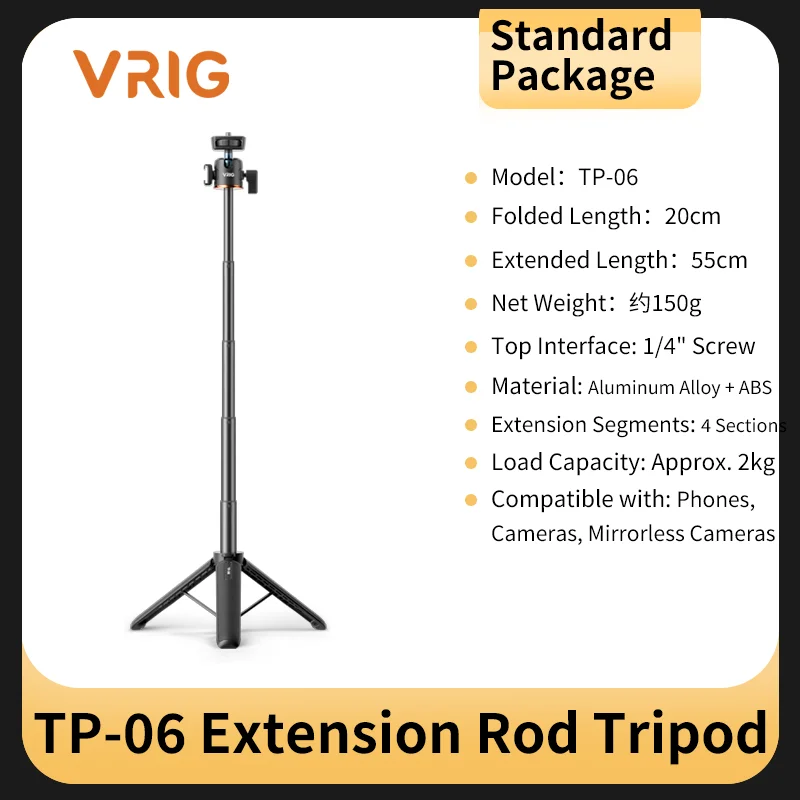 VRIG TP-06, een verlengstok voor de DJI Osmo Pocket 4P/4/3 actiecamera, inclusief statief en selfie-stick, 55 cm, met cold shoe en 1/4 schroef, ideaal voor vloggen.