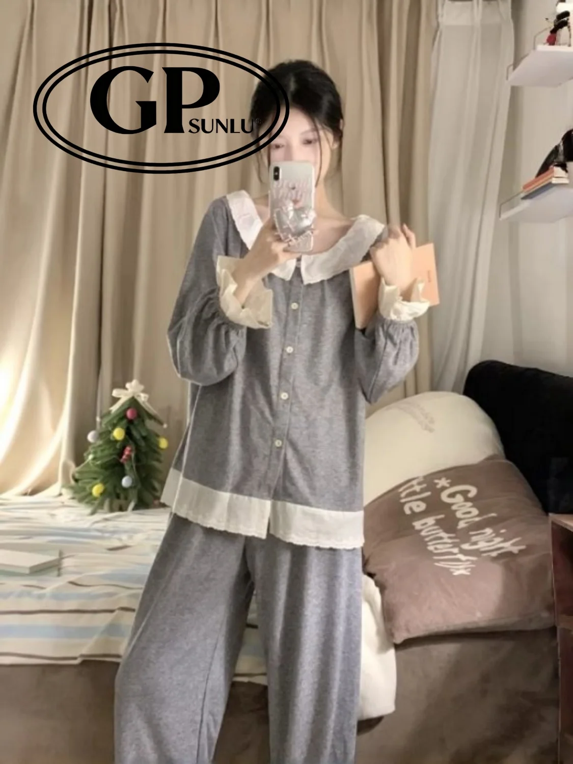 

Комплект домашней одежды из чистого хлопка с длинными рукавами для женщин: утепленный, осенне-зимний, можно носить на улице, с кружевом, в домашнем стиле