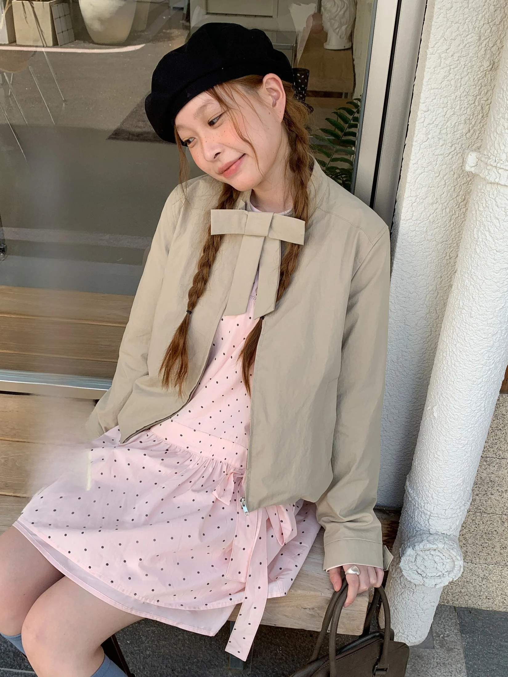 

Galaxy Soda Knot Decoration Loose ort Jaet Women Spring Aosphere Korean Sle Pure Color Jaet Top Small Size