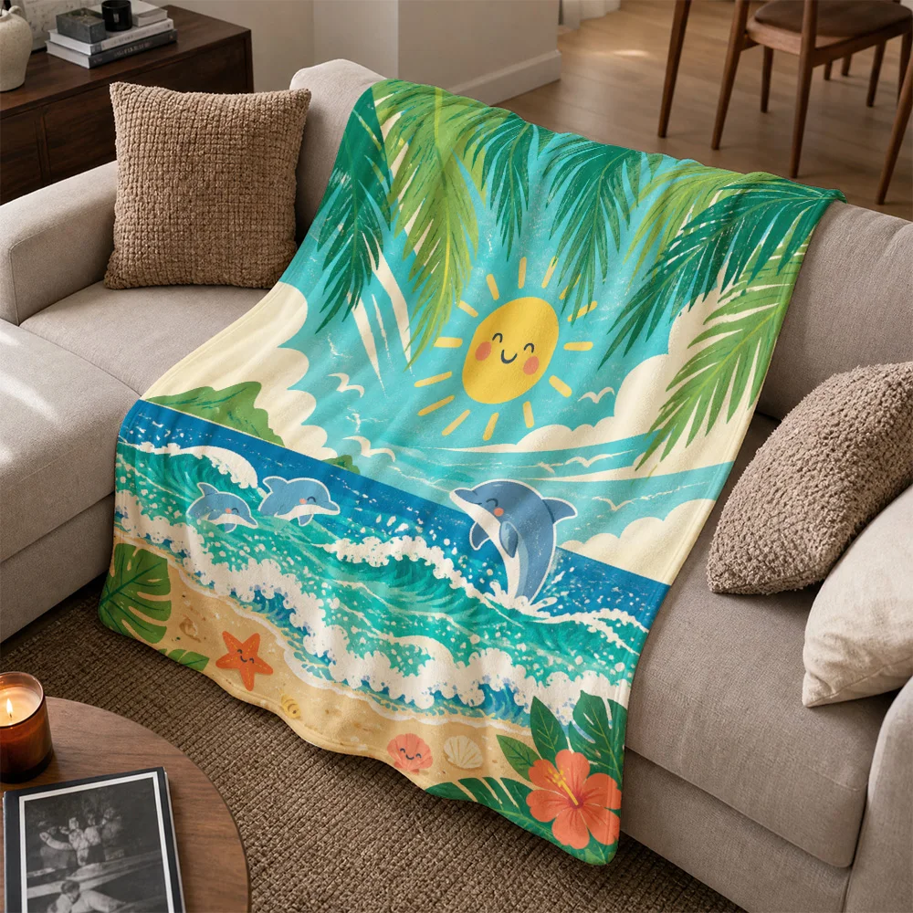 Vibrant Tropical Palm Leaf Sofa Throw Blanket Ocean Waves Dolphins Summer Beach Resort Vacation Coastal Home Decor Accent Gift f