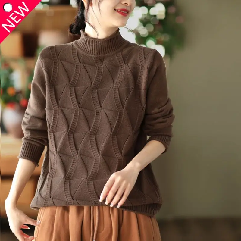 

Simplicity Versatile Sweater Women's Clothing Hollowed Out Half High Neck Long Sleeved Solid Color Casual Commuting Pullover