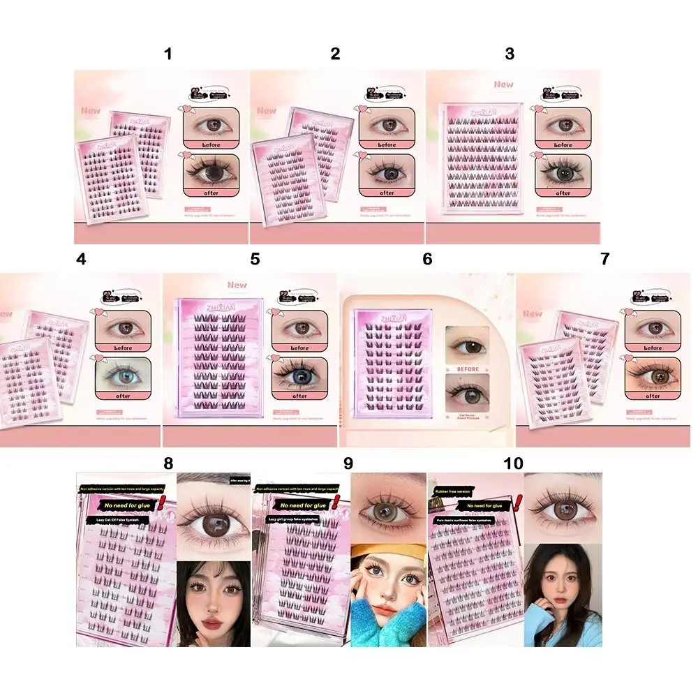 高品質で再利用可能な接着剤不要のつけまつげ、ナチュラルなクラスターラッシュ、10列の個別まつげ