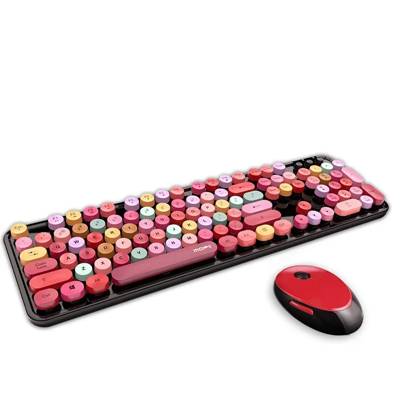 New Cute 2.4G Wireless Keyboard Set Mixed Candy Color Roud Keycap Keyboard and Mouse Comb for Laptop Notebook PC Girls Gift