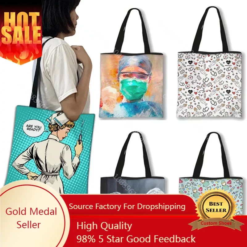 

Female Nurse Printed Women Shopping Bag Fashion Love Large Capacity Eco Reusable Shoulder Bag Travel Handbag Shopper Bag