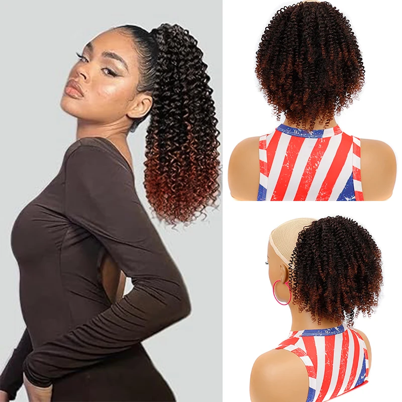 Curto Afro Kinky Curly Ponytail Extensão do cabelo para as mulheres, rabo de cavalo com cordão loiro, sopro natural sintético, cauda do cavalo falso