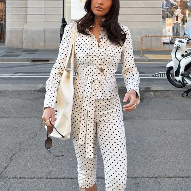 

Talenza Women's Casual Pants 2-piece Set Fashion Polka Dot Elegant Shirt Top Sexy Pants Set New Chic Commuting Women's Pants Set