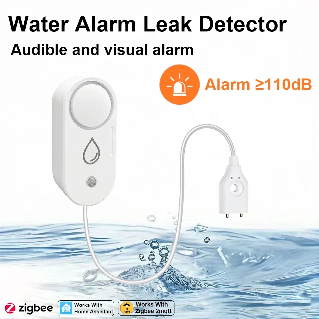 

Smart Zigbee Water Leak Sensor Flood Leakage Detector 110dB Sound Alarm With Probe Support Home Assistant Zigbee2MQTT