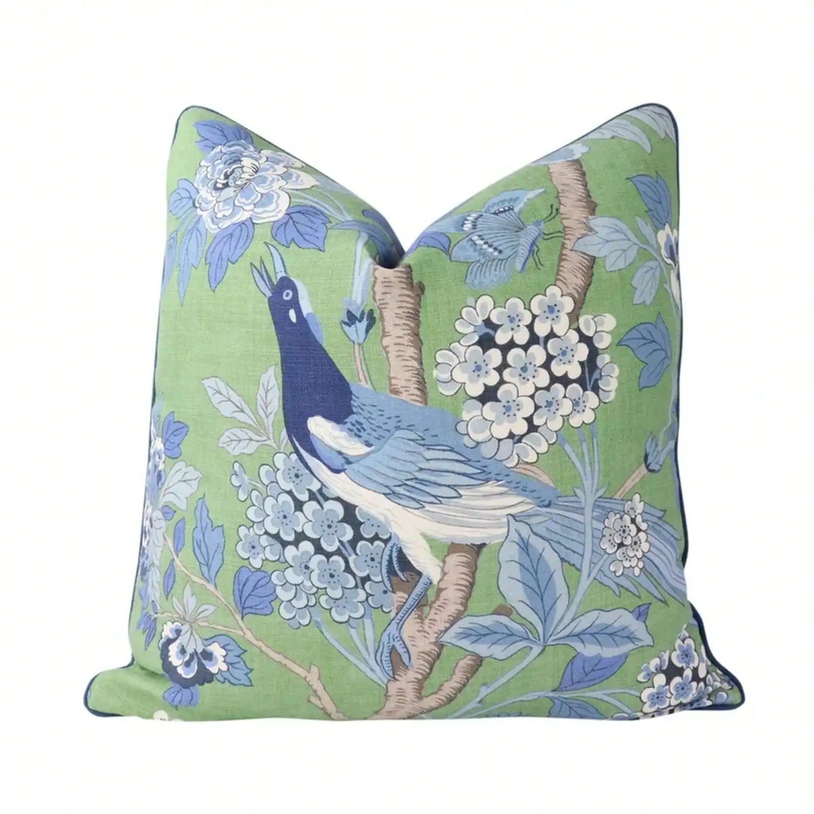 Designer Pillow Cover,Traditional Botanical Bird Hydrangea Allover Decor Throw Pillow Cover