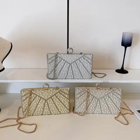 Lyxig pärla aftonväska damer moderiktig pärlpärlkuvertväska glänsande diamanter kedjekuvertväska klänning bankettväskor 8 best sales pärla aftonväska - №5