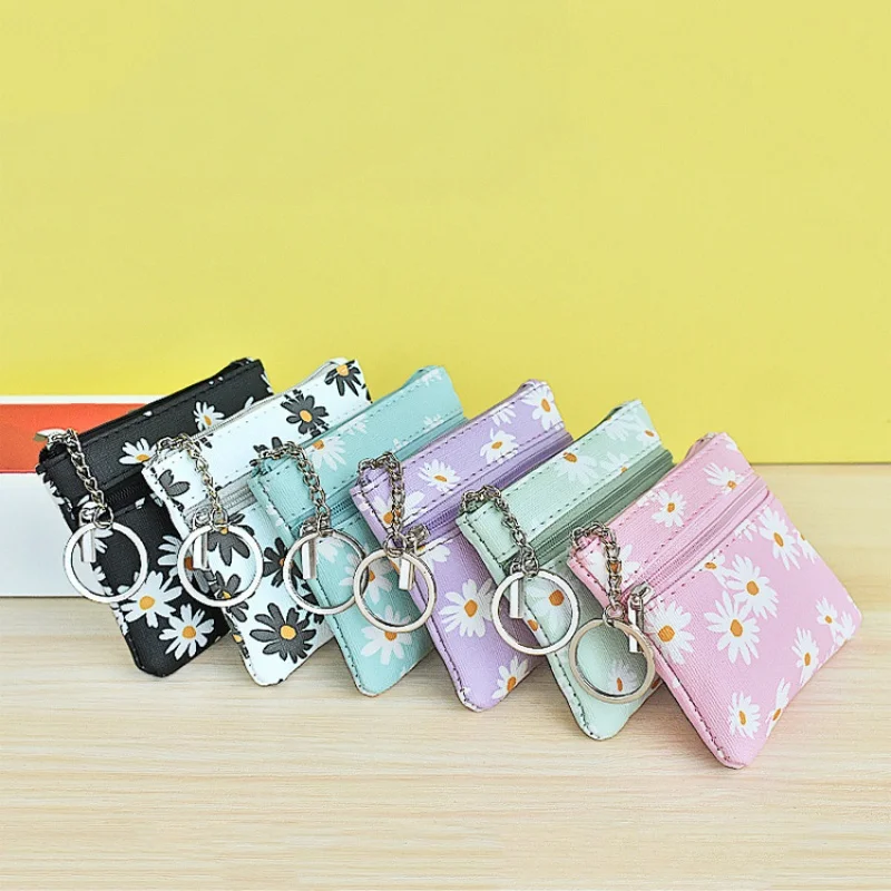 Daisy Print Coin Purse Women Mini Wallets Clutch with Zipper Keychain Small Coin Pouch Bag Female Pouch Key Card Holder Wallet