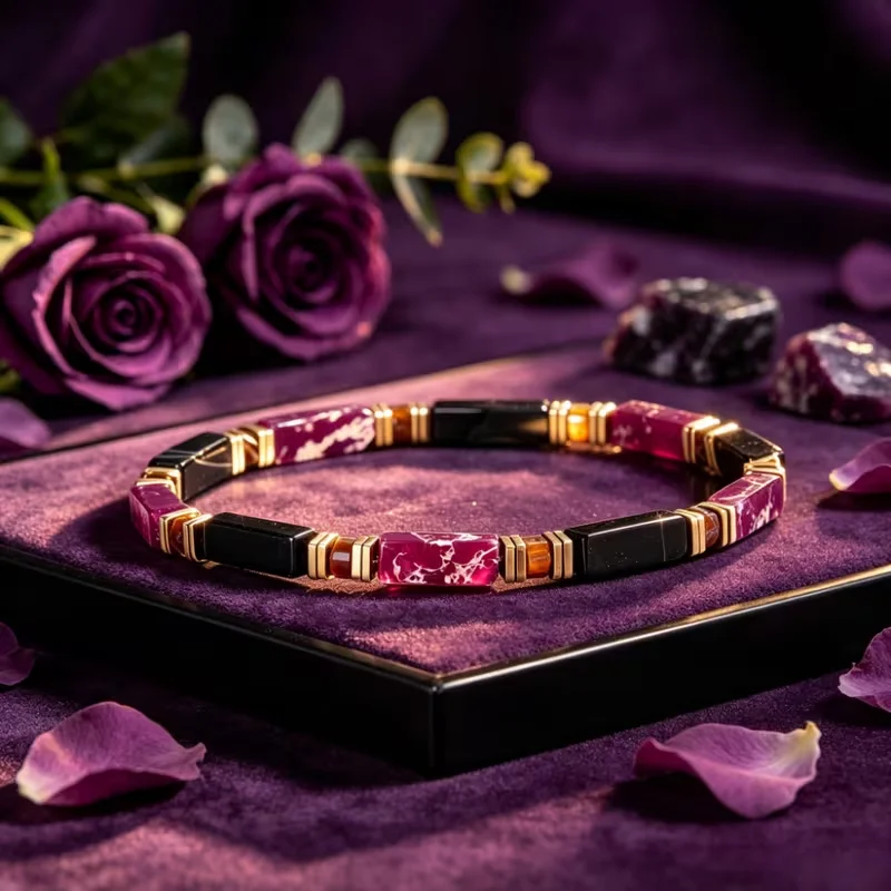 Natürliches Lila Kaiserjaspis & Schwarzes Onyx Rechteckiges Armband für Frauen mit Tigerauge-Abstandsstückern, Partyschmuck, Geschenke – Detail 4