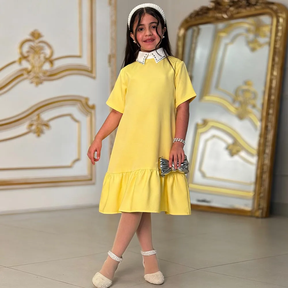 

Yellow Flower Girl Dresses Cute Dress For Girls High Neck Birthday Dress A-line Girl Princess Dress Short Sleeves Kids' Dresses