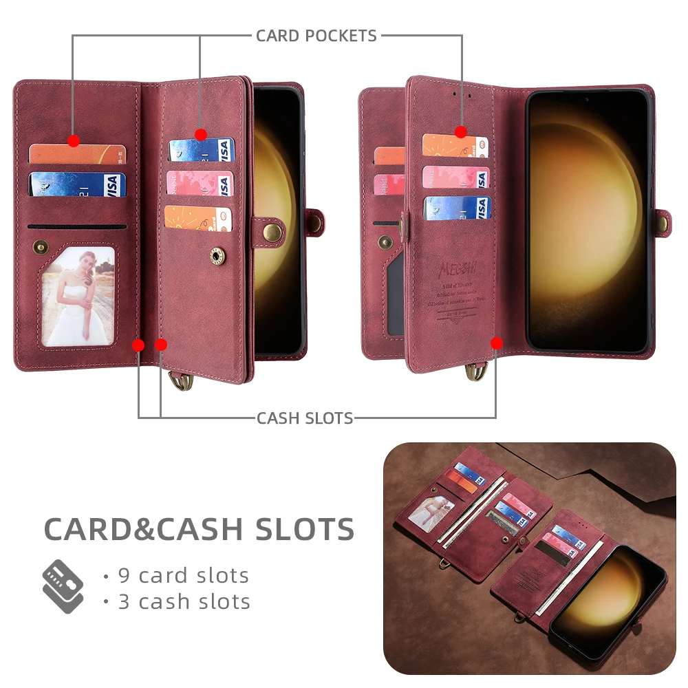 MEGSHI Luxury 2 in 1 Detachable Wallet Case for Galaxy S23 Ultra S23 Plus S23 S21 FE Magnetic Clasp Flip Leather Phone Case